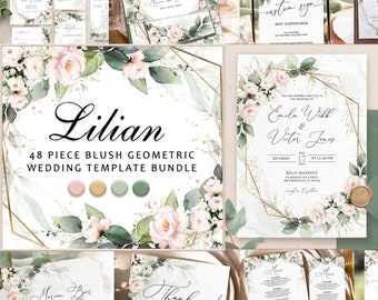 Blush Floral Wedding Invitation Suite Bundle Set, Wedding invitation bundle editable Template, Full Wedding, Large Wedding Bundle, LILIAN