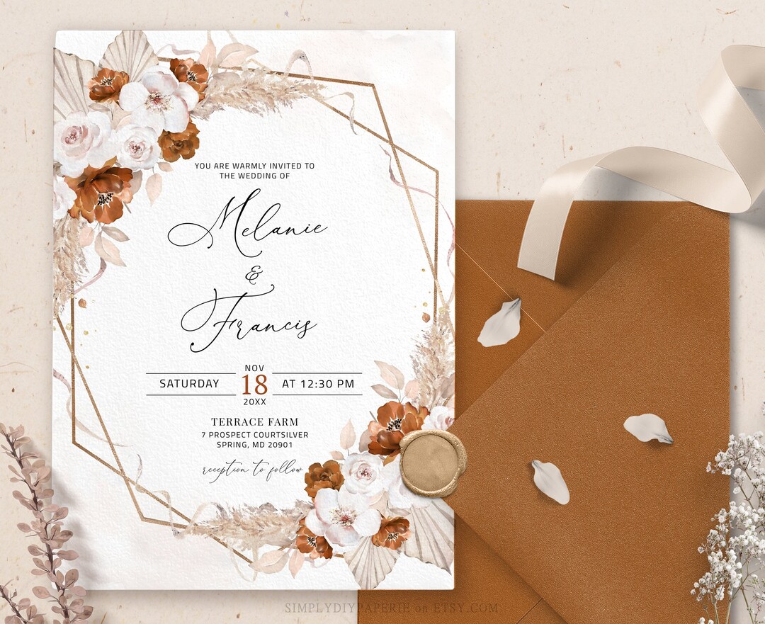 Terracotta wedding invitation, Rust wedding invitation template