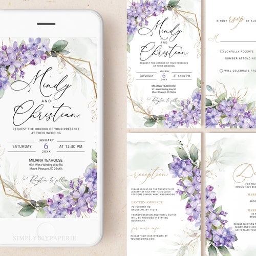 Lilac Wedding Electronic Wedding Invitation Bundle Purple - Etsy
