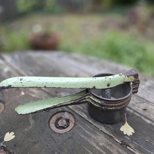 May include: An antique citrus juicer with a light green handle and a dark metal cup. The juicer shows signs of wear, with chipped paint and a rustic appearance. A vintage kitchen tool.
