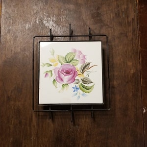 Vintage Ceramic Trivet with Wrought Iron Stand