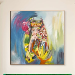 Colorful Woman Oil Painting South Asian Art, Pakistani Ethnic Original Extra Large Wall Art, Indian Painting Ethnic Decor