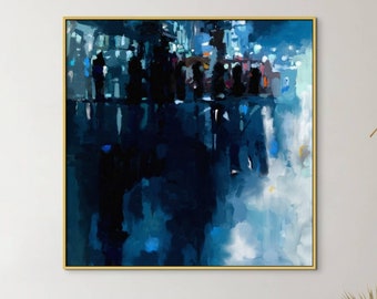 Night Landscape Wall Art, Impressionist Rain Painting Canvas, Modern Cityscape Canvas Print, Abstract Night Art