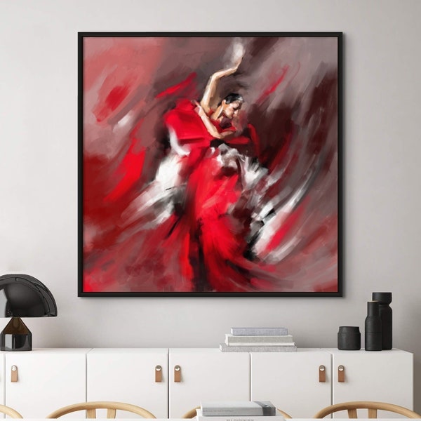 Red Flamenco Dancer Painting Spanish Wall Art, Flamenco Painting Canvas Print, Red Gypsy Woman Oil Painting Home Decor