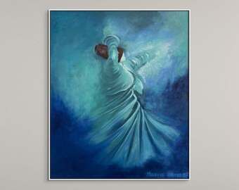 May include: A painting of a person in a flowing blue robe, dancing against a blue and green background. The painting is framed in a white frame.