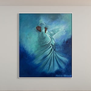 Extra Large Whirling Dervish Oil Painting, Blue Original Sufi Wall Art, Mevlana Rumi Turkish Islamic Wall Art Decoration