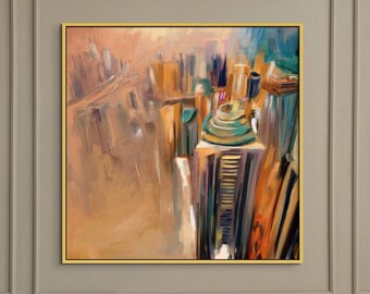 Dubai Skyline Original painting, Dubai Wall Art, Middle Eastern Skyscrapers Canvas Print, Large Skyline Home Decor