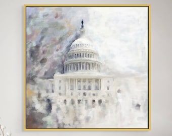 US Capitol Building Painting Canvas Art, Historic Landmark, Washington D.C. Wall Art, United States Architecture Canvas Print Mawra Tahreem