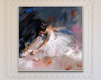 Neutral Ballerina Painting Canvas Print, Bluish Grey Ballet Wall Art, Figurative Oil Painting for Dance Studio Decor