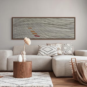 May include: A rectangular wall art piece in a brown frame featuring a light gray background with thin, dark gray curved lines forming a grid pattern, accented by four small, diagonal rectangular blocks in shades of gold, orange, and red.