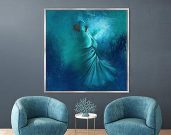 Rumi Whirling Dervish Wall Art, Teal Blue Abstract Figurative Painting, Large Islamic Sufi Dance Canvas, Modern Turkish Decor