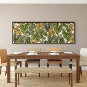 Philodendron Botanical Wall Art, Large Horizontal Tropical Foliage Painting, Green Olive Mustard Leaf Canvas Print