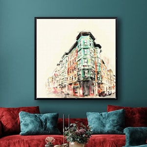 Boston Watercolor Painting, North End Italian Architecture, Boston Wall Art Canvas Print, US Historic Cityscape
