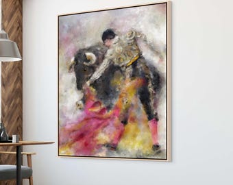 Matador Bull Masculine Wall Art, Large Vertical Bullfight Painting, Mid Century Modern Canvas Print, Torero Traditional Decor