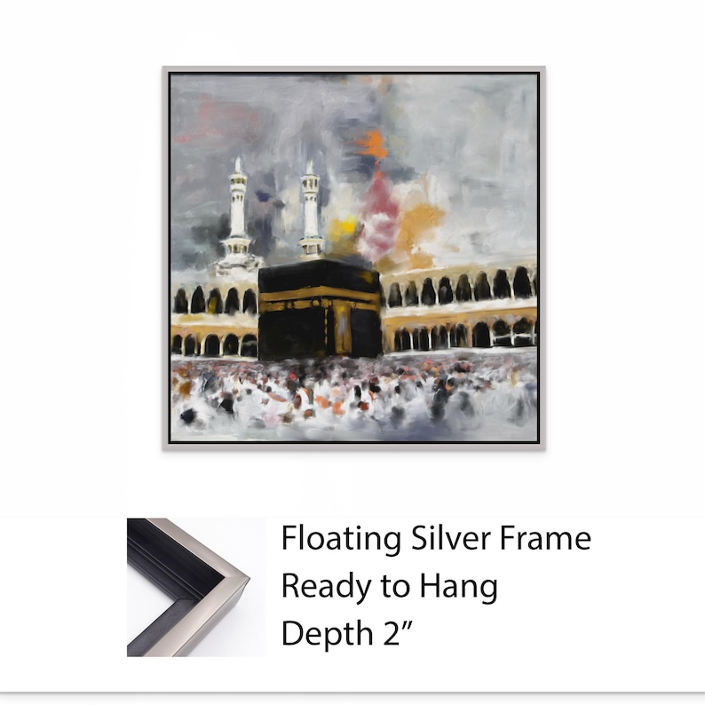 Holy Kaaba Wall Art, Islamic Masjid al-Haram Canvas Print, Mecca Architecture Painting Decor + Frame: Silver