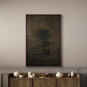 Dark Abstract Textured Rectangular Artwork, Tall Mid Century Modern Wall Art, Brown Black Contemporary Print