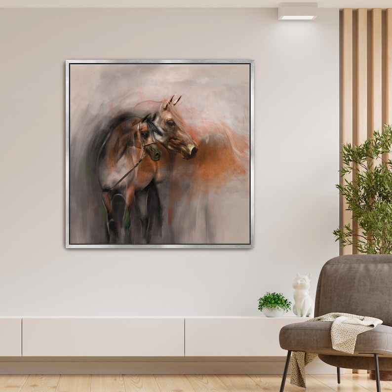 Arabian Brown Horse Artwork, Equestrian Art Painting, Middle East Canvas Print, Two Horses Portraits, Arab Wall Art image 4