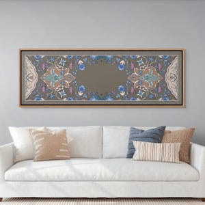 Neutral Arabesque Pattern Print, Wide Islamic Decorative Wall Art, Long Thin Persian Tapestry Canvas, Big Stylized Floral Decor