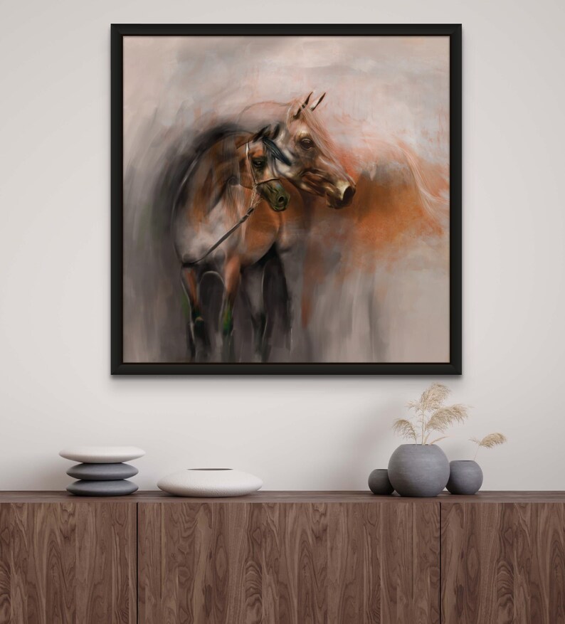 Arabian Brown Horse Artwork, Equestrian Art Painting, Middle East Canvas Print, Two Horses Portraits, Arab Wall Art image 2