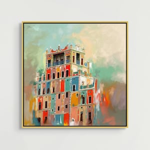 Vibrant Middle Eastern Art Yemen Painting, Arab Wall Art Oriental Architecture Canvas Prints, Historic Monument Yemeni Decor