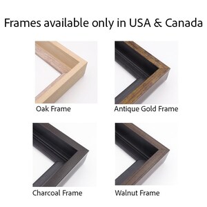 four different types of frames available in the USA and Canada, including oak, antique gold, charcoal, and walnut frames.
