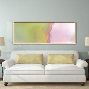 Pastel Pink Pistachio Abstract Painting, Soft Color Thin Large Framed Canvas, Impressionist Panoramic Wall Art, Zen Above Couch Decor