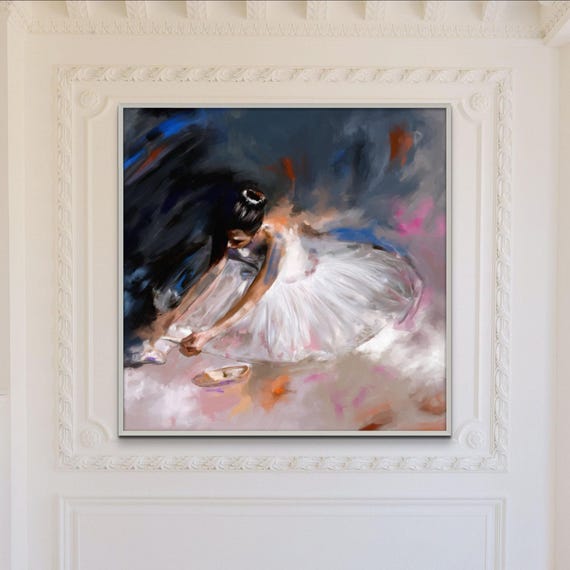 Neutral Ballerina Painting Canvas Print, Bluish Grey Ballet Wall Art, Figurative Oil Painting for Dance Studio Decor