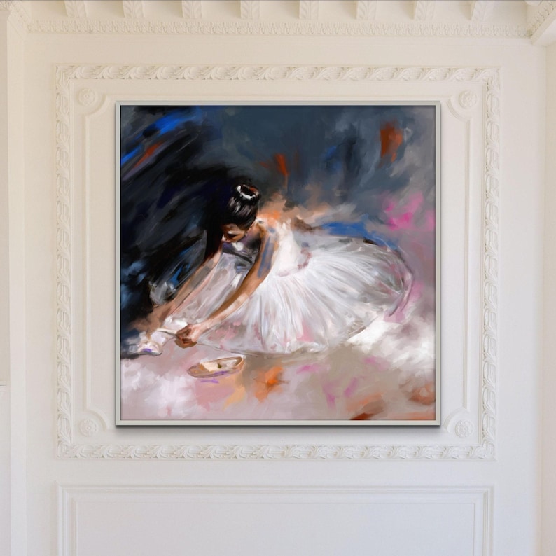Neutral Ballerina Painting Canvas Print, Bluish Grey Ballet Wall Art, Figurative Oil Painting for Dance Studio Decor image 1