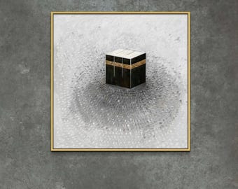 Minimal Holy Kaaba Painting, Islamic Wall Art Canvas Print, Masjid al-Haram Large Muslim Home Decor