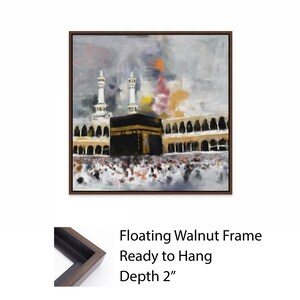 Holy Kaaba Wall Art, Islamic Masjid al-Haram Canvas Print, Mecca Architecture Painting Decor + Frame: Walnut