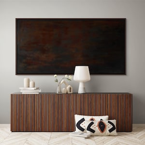 Dark Abstract Horizontal Textured Painting, Large Framed Black Brown Rectangular Artwork, Cottagecore decor