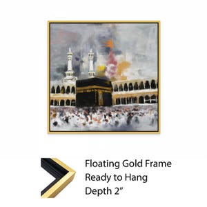 Holy Kaaba Wall Art, Islamic Masjid al-Haram Canvas Print, Mecca Architecture Painting Decor + Frame: Gold