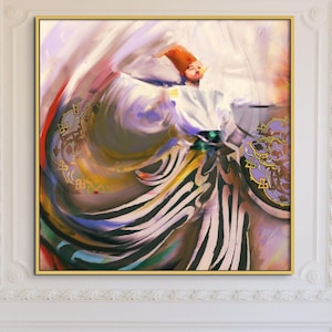 Sufi Wall Art Rumi Whirling Dervish Painting, Modern Islamic Art Print, Sufism Arabic Calligraphy Spiritual Islamic Wall Hanging