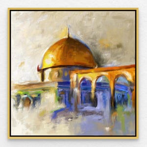 Al Aqsa Mosque Painting Islamic Canvas Print, Dome of the Rock Palestine Middle Eastern Wall Art, Jerusalem Art Muslim Home Decor
