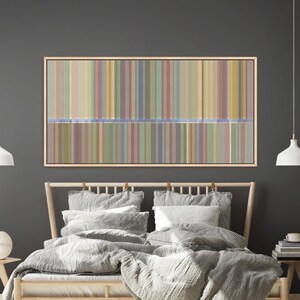 May include: Abstract art piece with vertical stripes in muted colors of beige, green, pink, and blue. The artwork is framed in a light wood and hangs above a bed with gray bedding. The room has a modern, minimalist aesthetic.