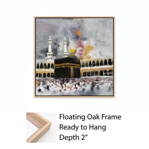 Holy Kaaba Wall Art, Islamic Masjid al-Haram Canvas Print, Mecca Architecture Painting Decor + Frame: Oak