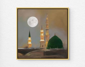 Full Moon Masjid Nabawi Painting, Islamic Wall Art Canvas Print, Muhammad Rawdah Medina