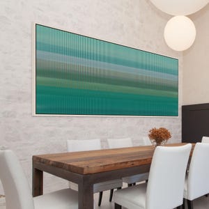 Large Narrow Framed Bauhaus Print, Teal Minimalist Wall Art, Thin Stripes Huge Abstract Canvas, Rectangular Gradient Artwork