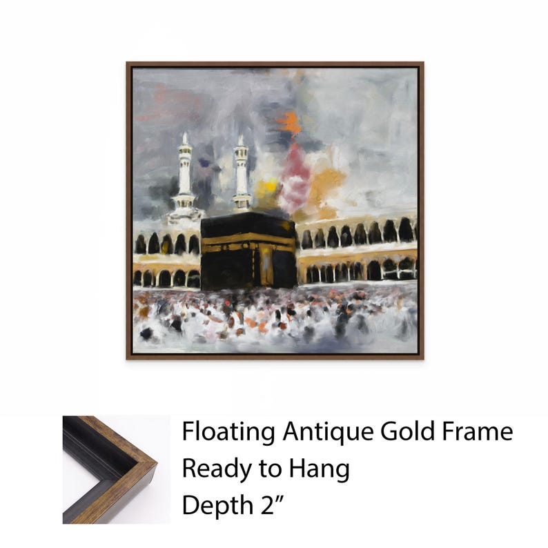 Holy Kaaba Wall Art, Islamic Masjid al-Haram Canvas Print, Mecca Architecture Painting Decor + Frame: Antique Gold