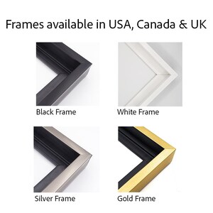 four different frames, each with a distinct color and design, available in the USA, Canada, and UK.
