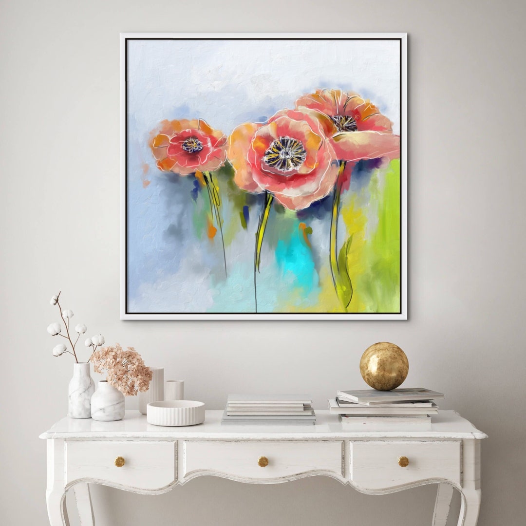 Abstract Poppy Wall Art, Pink Peach Poppy Flower Print, Floral Painting ...