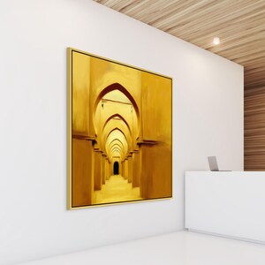 Mid-Century Moroccan Wall Art, Modern Islamic Canvas Print, Yellow Mustard Tin Mel Mosque Painting