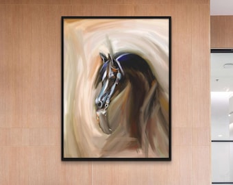 Black Arabian Horse Wall Art, Tall Vertical Stallion Painting, Western Equine Large Canvas Print