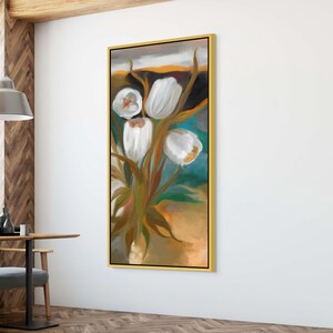 Large Abstract White Tulip Painting, Neutral Botanical Earth Tone Wall Art, Thin Rectangular Floral Canvas, Teal Green Spring Decor
