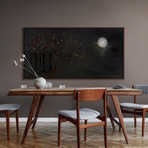 Dark Abstract Moonlit Landscape Framed, Forest Trees Horizontal Wall Art, Minimalist Lunar Glow Jungle Wood Canvas, Cottagecore Decor