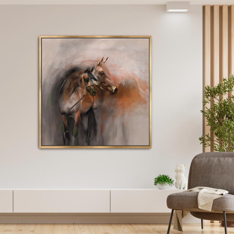 Arabian Brown Horse Artwork, Equestrian Art Painting, Middle East Canvas Print, Two Horses Portraits, Arab Wall Art image 11