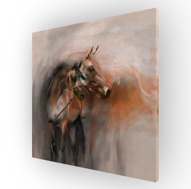 Arabian Brown Horse Artwork, Equestrian Art Painting, Middle East Canvas Print, Two Horses Portraits, Arab Wall Art image 6