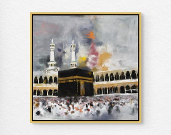 Holy Kaaba Wall Art, Islamic Masjid al-Haram Canvas Print, Mecca Architecture Painting Decor