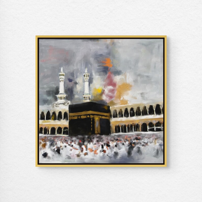 Holy Kaaba Wall Art, Islamic Masjid al-Haram Canvas Print, Mecca Architecture Painting Decor