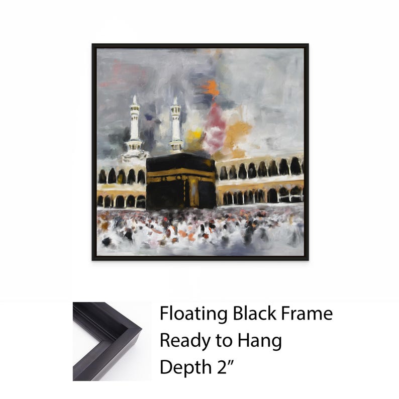 Holy Kaaba Wall Art, Islamic Masjid al-Haram Canvas Print, Mecca Architecture Painting Decor + Frame: Black